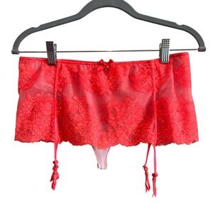 Victoria's Secret Y2K Neon Coral/Pink Rhinestone Lace Skirted Garter Thong Panty